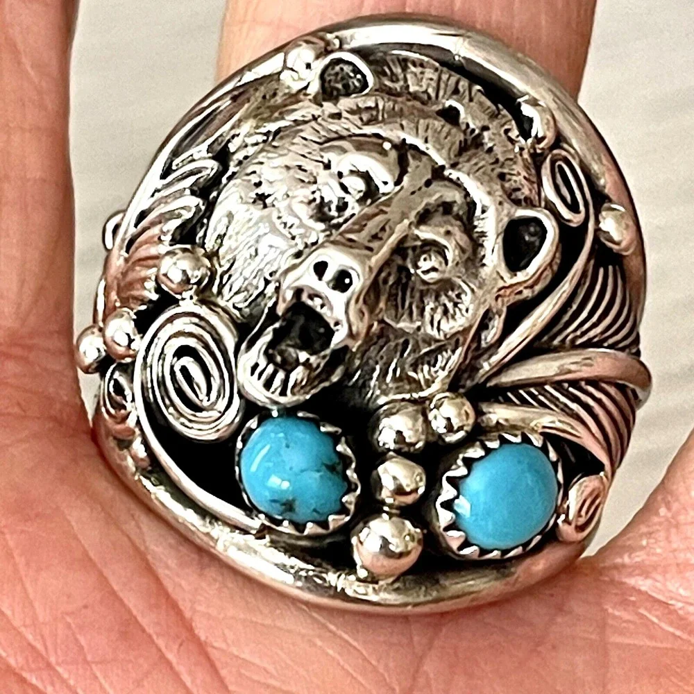 Bear Head Navajo Kingman Turquoise Mens Ring Sz 13.5 Sterling Signed Sanders